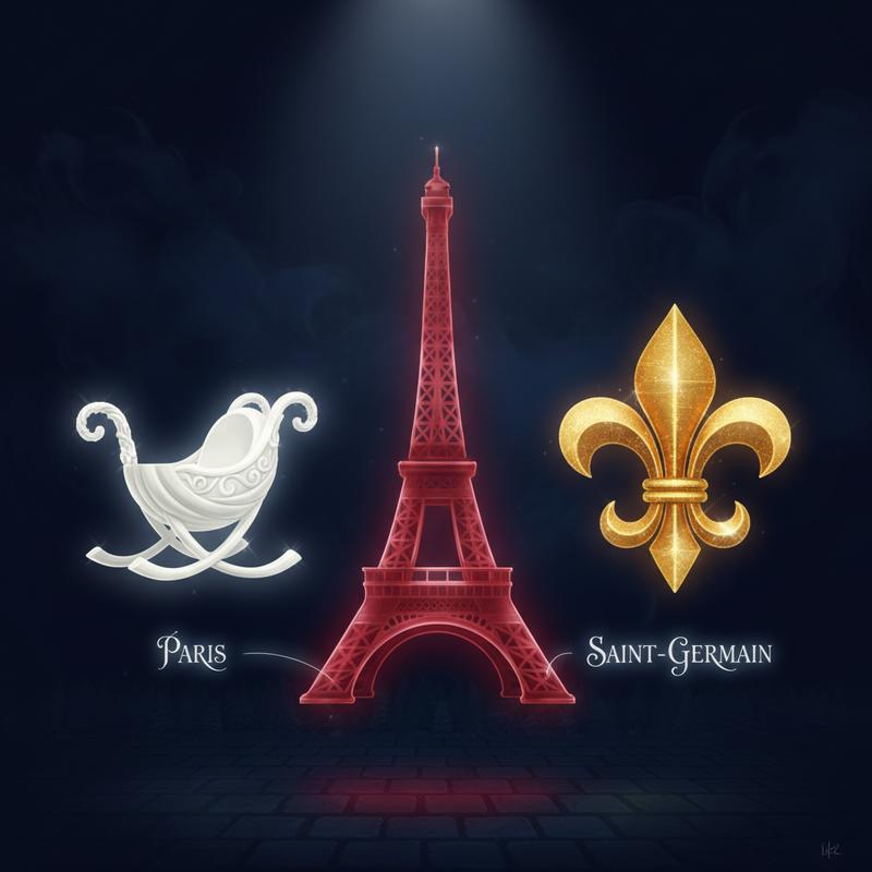 La Tour Eiffel rouge, le berceau blanc et la fleur de lys dorée du Paris Saint-Germain flottent en 3D sur un fond bleu marine avec un éclairage tamisé.