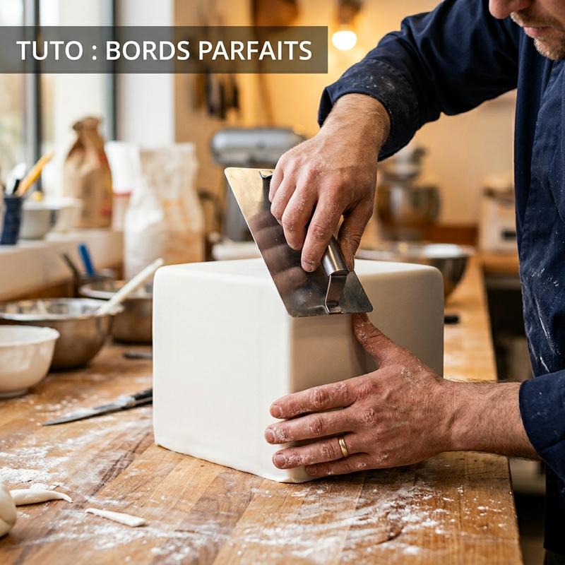 Mains d'un pâtissier lissant de la pâte à sucre blanche sur les angles d'un dummy en polystyrène avec la mention textuelle TUTO : BORDS PARFAITS.
