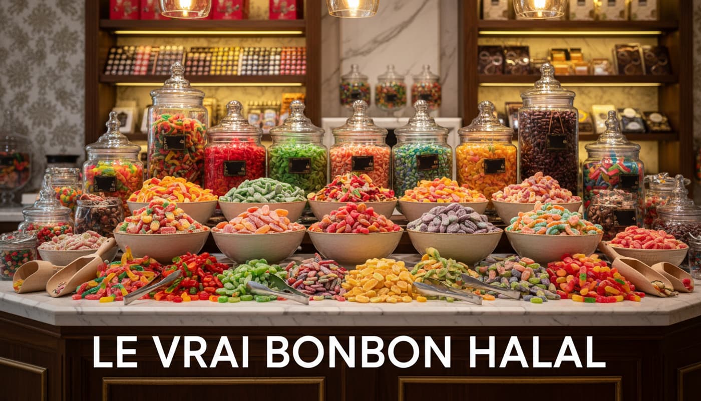 Des bocaux de bonbons gélifiés multicolores et rubans acidulés garnissent un comptoir de confiserie chic sous un texte marqué LE VRAI BONBON HALAL.