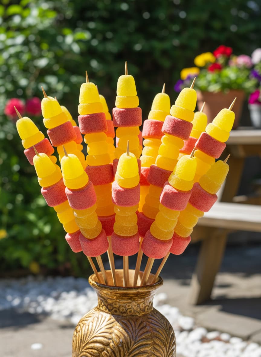 Des brochettes de bonbons jaunes au citron et rouges à la fraise sont disposées en bouquet sous une lumière naturelle ensoleillée.