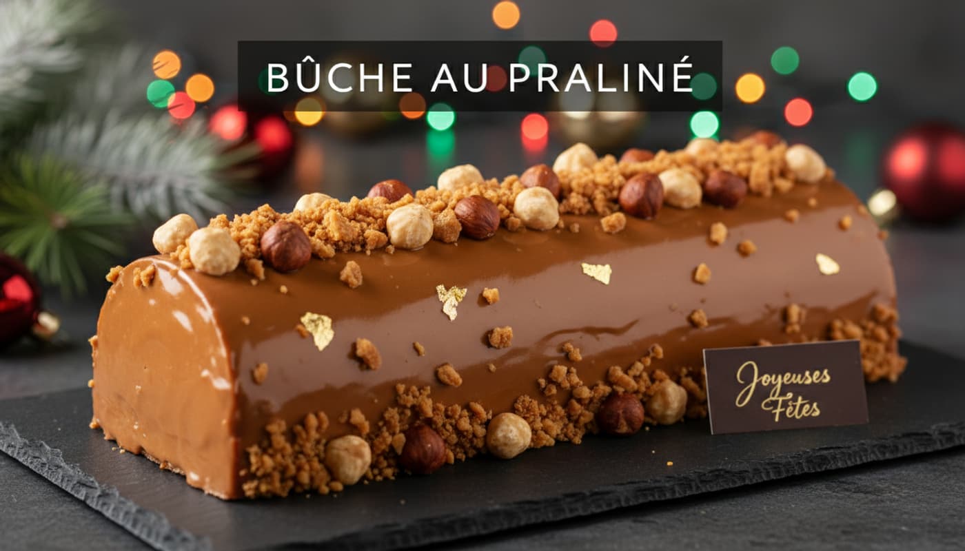 Une bûche de Noël au praliné posée sur une ardoise noire, décorée de noisettes grillées et de feuilles d'or, avec un arrière-plan festif aux lumières floues.