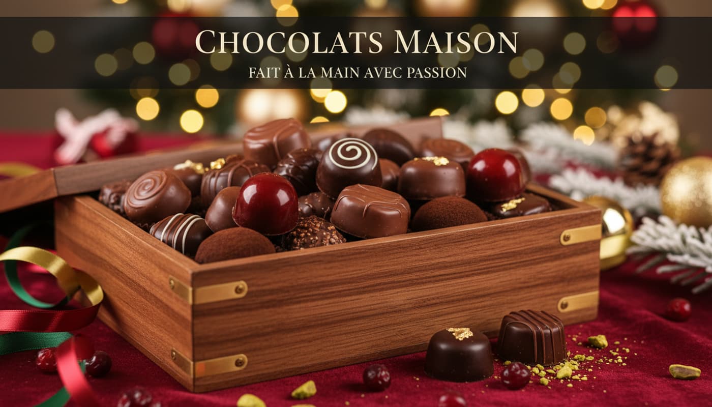 Des chocolats artisanaux variés sont présentés dans un coffret en bois luxueux sur une table festive avec le texte Chocolats Maison.