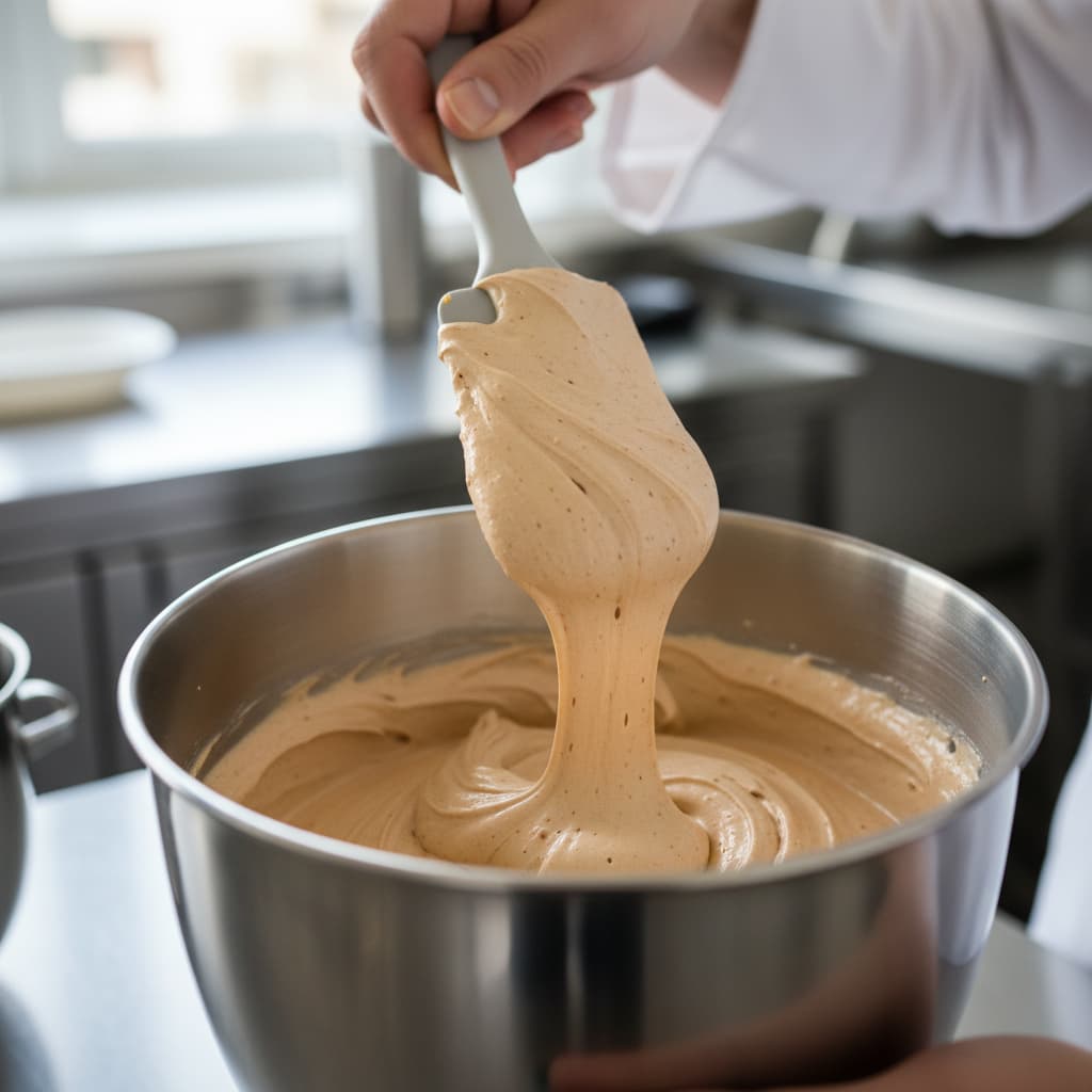 Plan rapproché d'un bol de batteur électrique contenant une crème praliné mousseline légère et aérienne, la main d'un pâtissier utilise une spatule pour montrer la texture lisse et parfaitement émulsionnée.