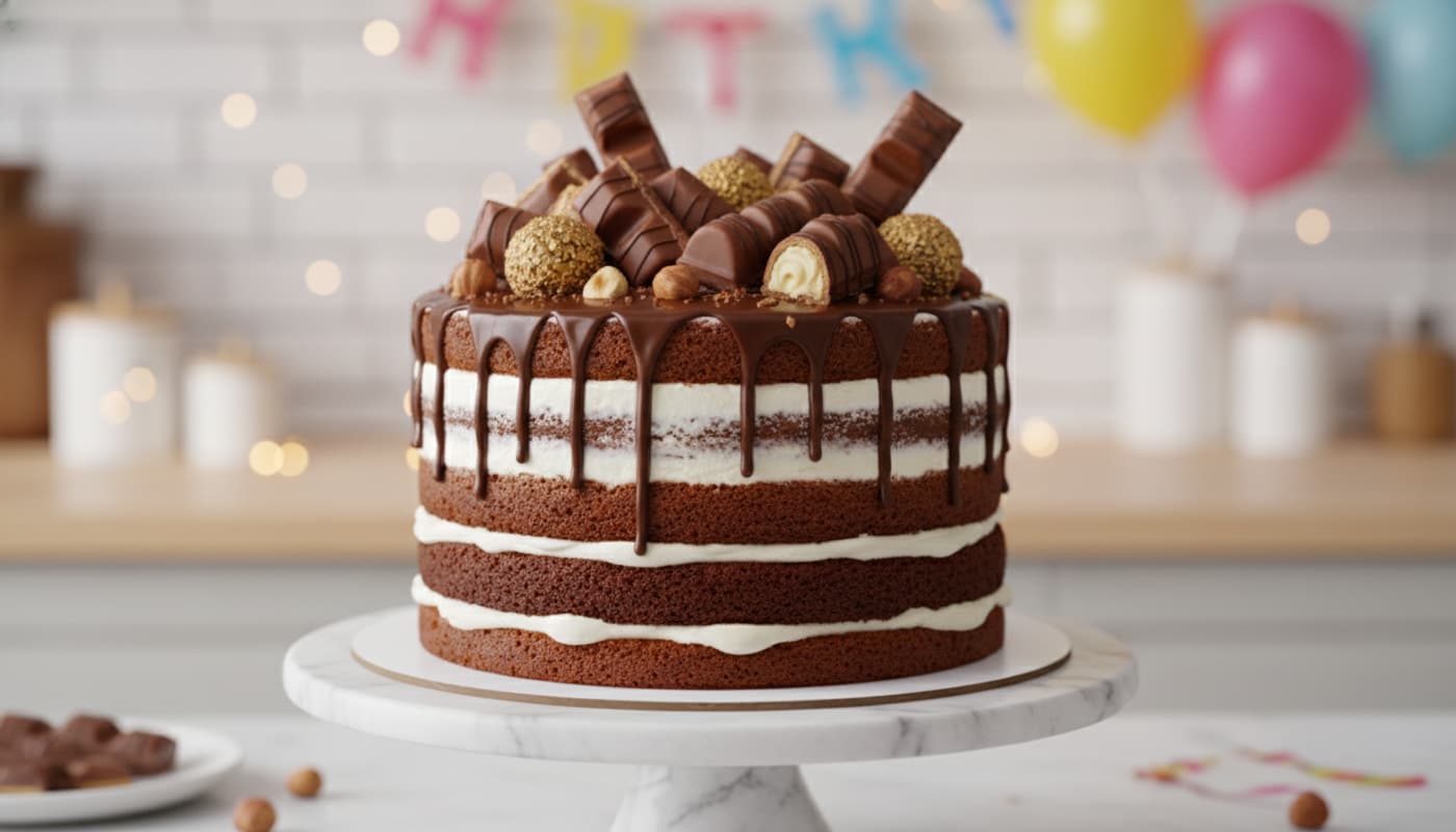 Un gâteau d'anniversaire à plusieurs étages recouvert de chocolat au lait, décoré de morceaux de Kinder Bueno, de barres Kinder Maxi et de truffes au praliné dorées, posé sur un piédestal en marbre blanc dans une cuisine lumineuse.