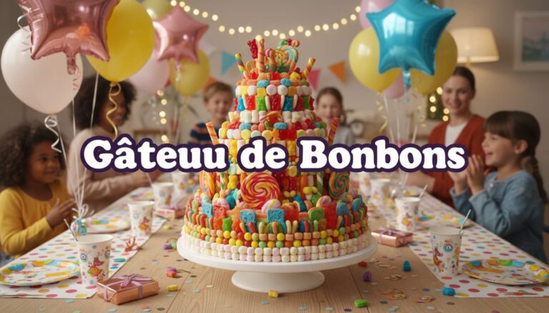 Gâteau de bonbons multicolores à plusieurs étages avec guimauves et sucettes sur une table d'anniversaire festive