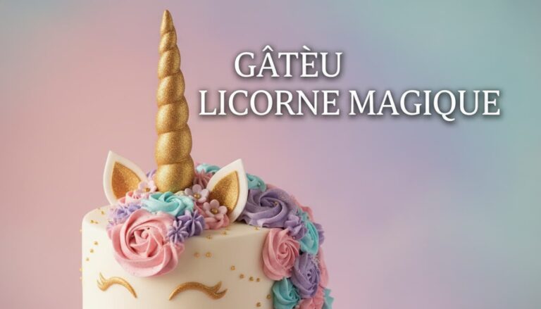 Un gâteau licorne avec une corne dorée brillante, des oreilles roses et une crinière de rosaces de crème au beurre pastel sur un fond pastel, avec le texte 'GÂTEAU LICORNE MAGIQUE' en superposition, éclairé d'une lumière magique.