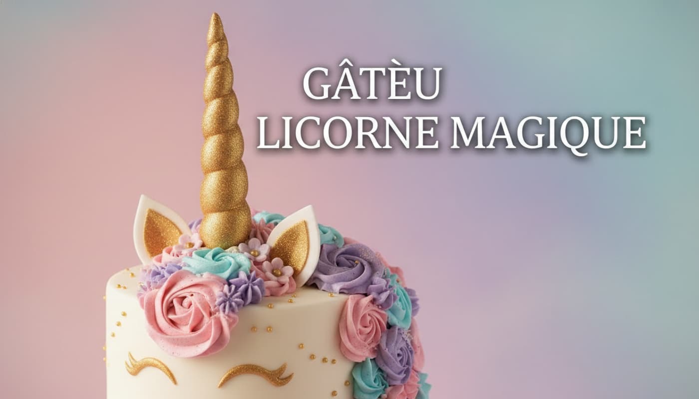 Un gâteau licorne avec une corne dorée brillante, des oreilles roses et une crinière de rosaces de crème au beurre pastel sur un fond pastel, avec le texte 'GÂTEAU LICORNE MAGIQUE' en superposition, éclairé d'une lumière magique.