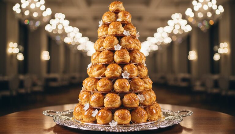 Trois pièces montées de styles différents, un croquembouche de mariage aux roses, un gâteau de baptême à rubans bleus et un dessert aux macarons, sont alignées.