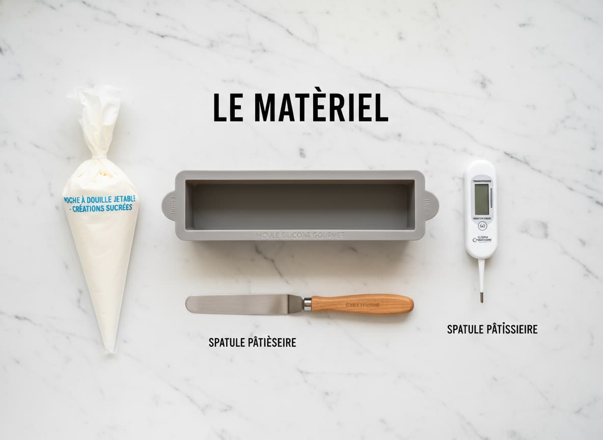 Vue plongeante sur une table en marbre blanc avec un moule à bûche en silicone, un thermomètre numérique, une spatule métallique et une poche à douille, avec le texte 'LE MATÉRIEL' superposé.