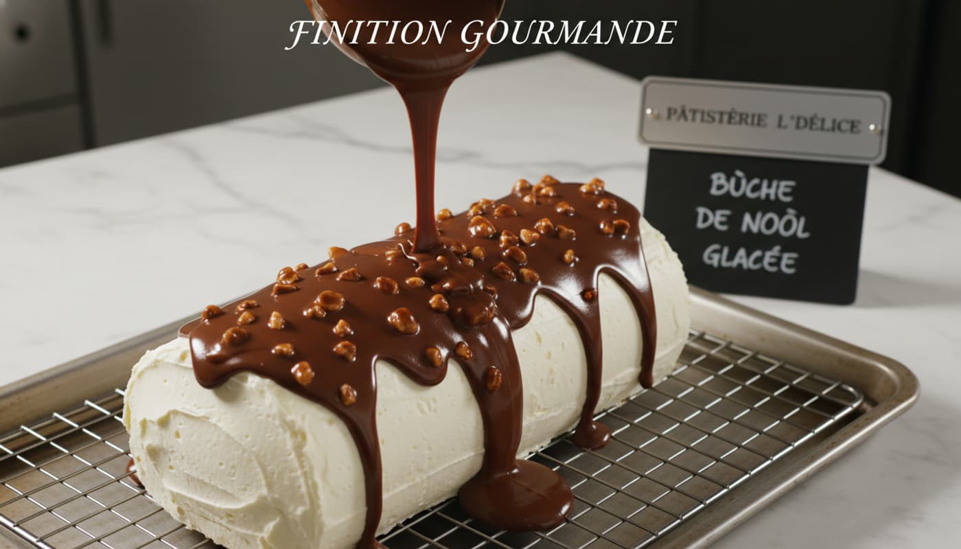 Un glaçage chocolat-noisette brillant est versé sur une bûche glacée, avec le texte 'FINITION GOURMANDE' superposé.