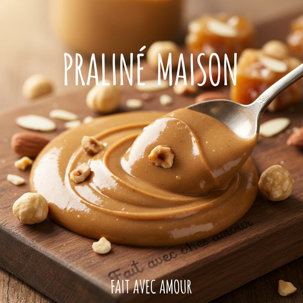 Gros plan d'une pâte de praliné épaisse et brillante à la noisette et à l'amande remuée avec une cuillère, texture veloutée de couleur brun-doré, avec des noisettes grillées et des morceaux de caramel visibles en arrière-plan sur une surface en bois rustique, et le texte superposé 'PRALINÉ MAISON'.