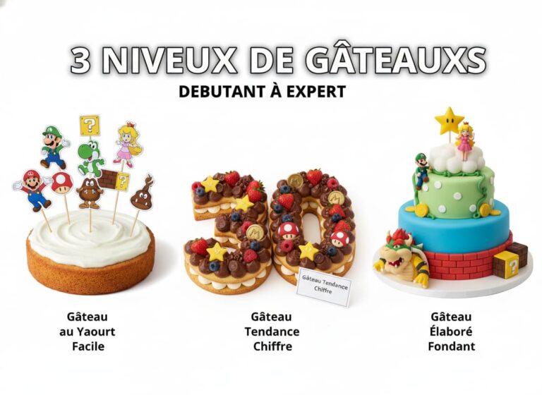 trois-versions-gateaux-mario Trois gâteaux Mario alignés côte à côte sur fond blanc : un yaourt avec toppers, un number cake à la ganache et un gâteau multi-étagé recouvert de pâte à sucre avec figurines, avec le texte '3 niveaux de gâteaux' en superposition.