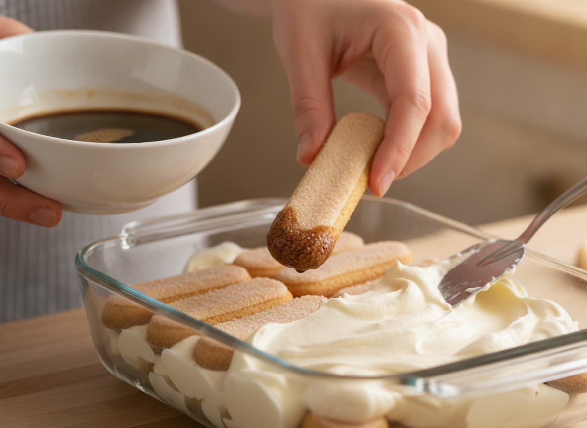 Mains trempant un biscuit à la cuillère dans du café noir puis le plaçant dans un plat en verre avec des couches de mascarpone et de biscuits imbibés.