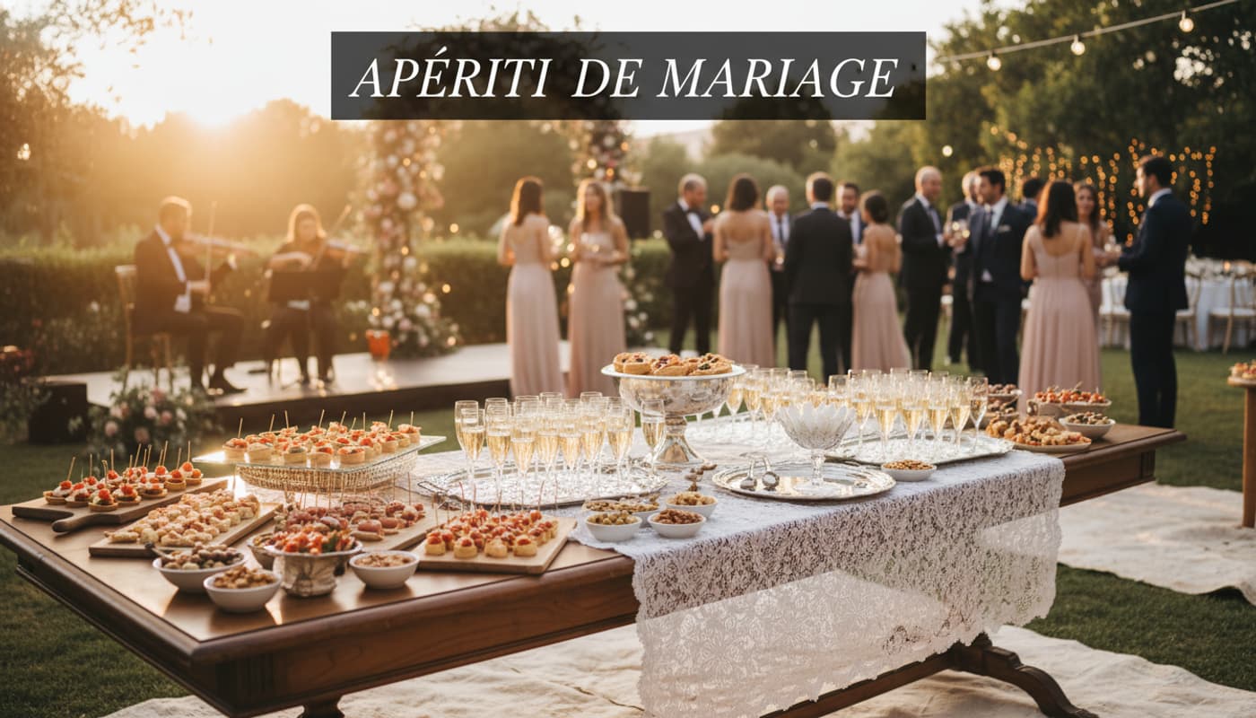 Buffet de mariage en extérieur au coucher du soleil, avec des verres de champagne et des invités discutant dans un jardin flou.