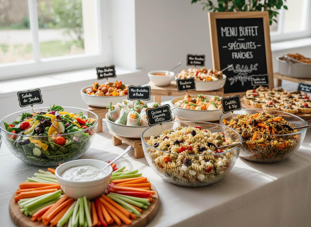 Des bols de service colorés contenant des salades variées, des crudités et de petits amuse-bouches rustiques, présentés sur une table avec un éclairage naturel doux.