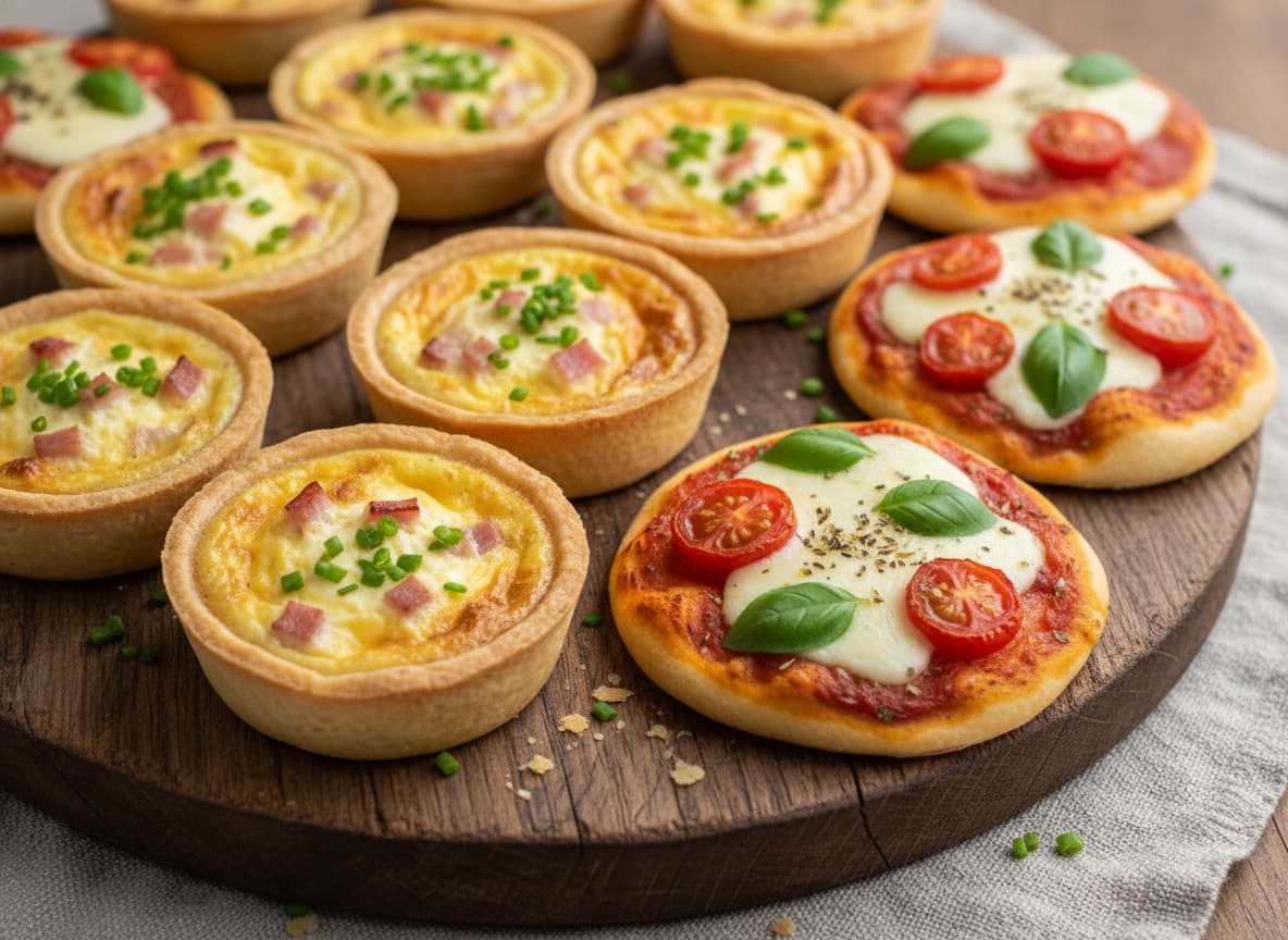 Assortiment de mini quiches lorraines et pizzas rondes sur une planche en bois, garnies de tomates et herbes, croûtes dorées.