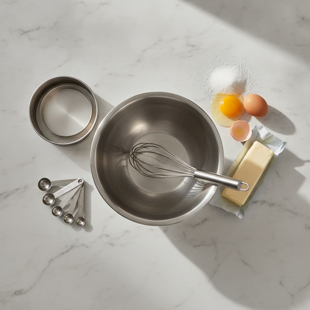 A flat lay arrangement of baking tools and ingredients on a marble surface, including a mixing bowl, whisk, cake pan, pastry ring, measuring spoons, butter, and eggs, with soft natural light and shadows.