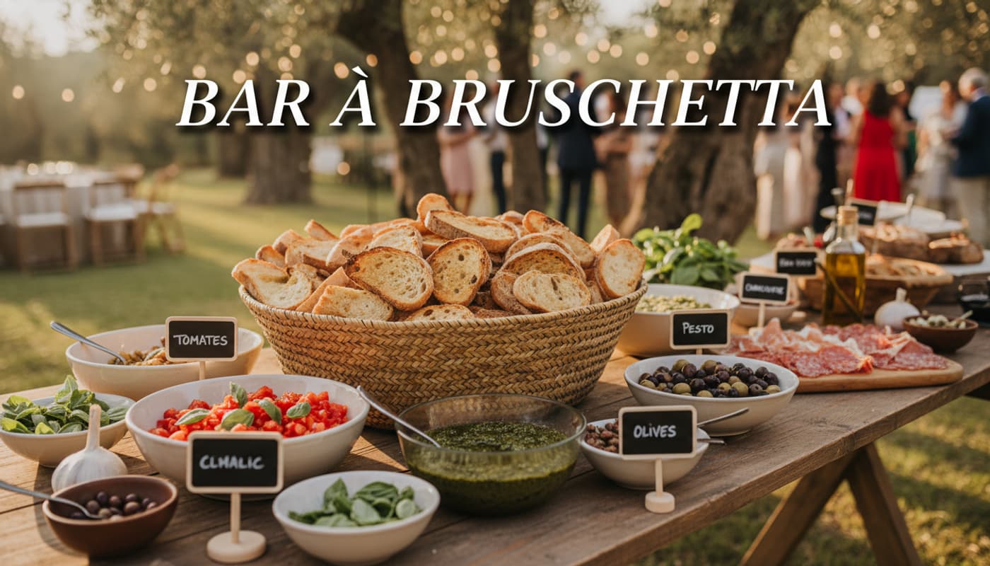 Une table en bois avec des bols de tomates concassées, pesto vert, charcuterie et olives, un panier de pain grillé, et des pancartes en ardoise en français.