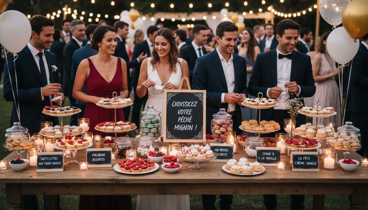 Des invités de mariage se servent de mini-tartes, macarons et choux sur un bar à desserts décoré d'étiquettes en français.