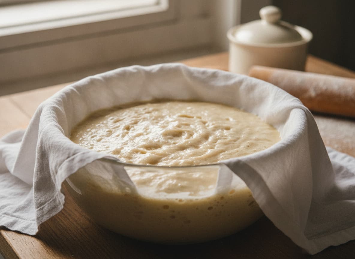 Bol en verre contenant une pâte à waffle épaisse et bulbeuse, recouverte d'un torchon blanc, posé sur un plan de travail, avec rouleau à pâtisserie fariné et beurrier en céramique en arrière-plan, lumière naturelle douce.