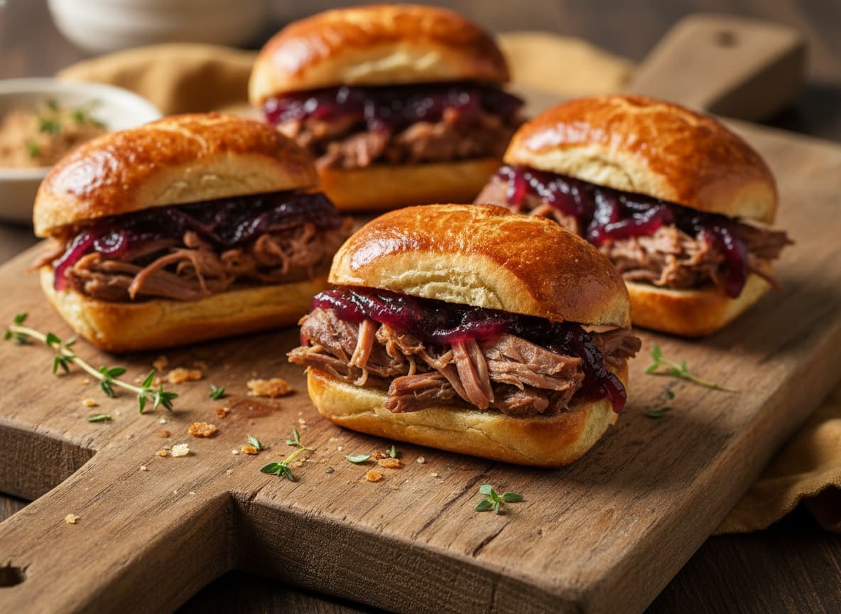 Brioche buns navettes coupées en deux et garnies de confit de canard effiloché et de confiture d'oignon violet foncé, posées sur une planche en bois rustique, légèrement grillées.