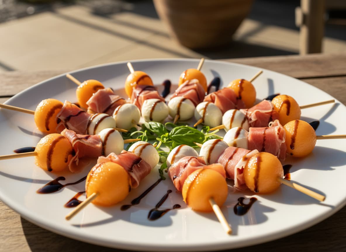 Des brochettes en bambou avec des billes de melon cantaloup, du jambon de Parme plié et des perles de mozzarella, nappées de glaçage balsamique, sur un plat blanc dans une ambiance ensoleillée.