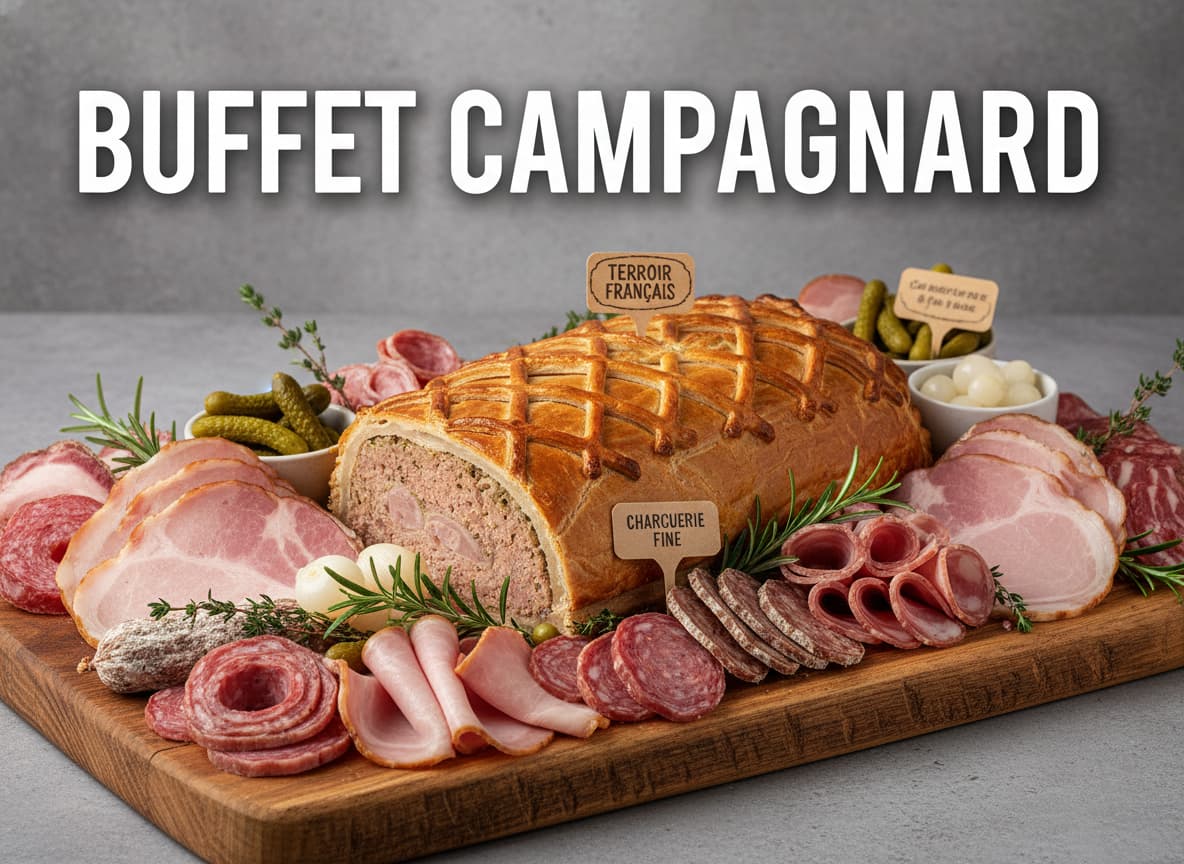 Plateau en bois garni de pâté en croûte, tranches de jambon et charcuterie, avec le texte 'BUFFET CAMPAGNARD' en superposition.