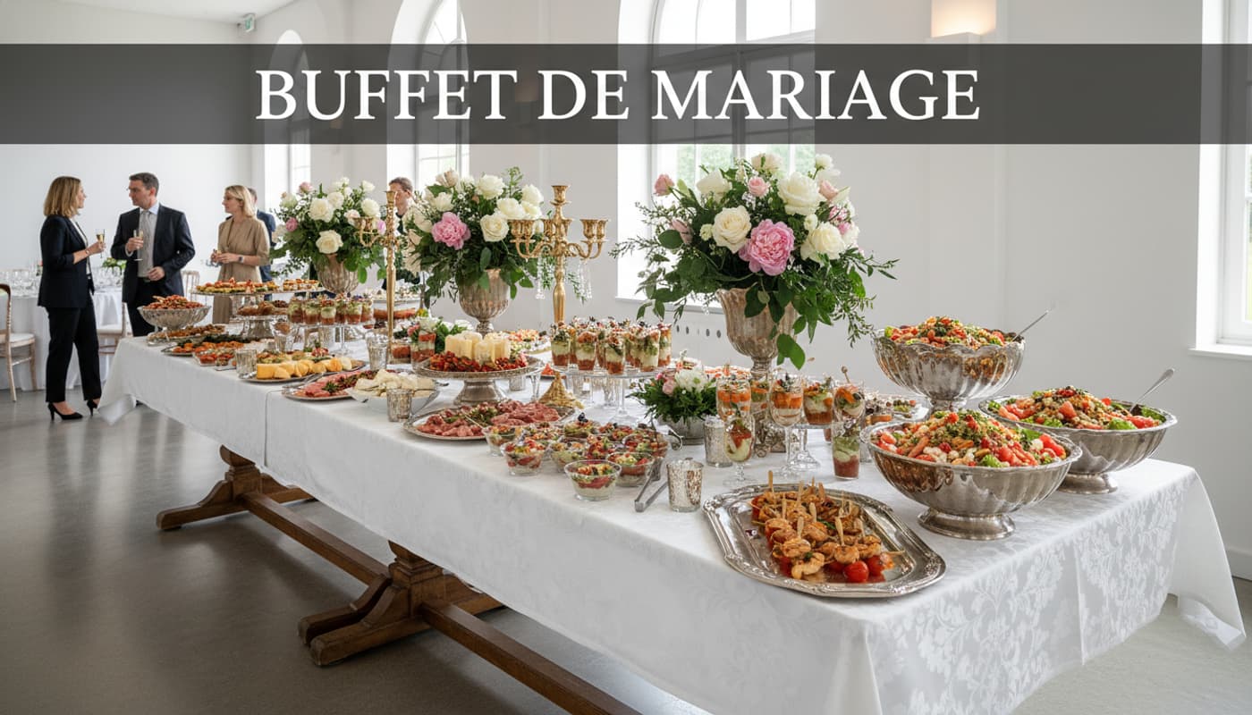 Buffet de mariage coloré et sophistiqué dans une salle de réception lumineuse, avec nappes blanches, fleurs et plateaux d'amuse-bouches.
