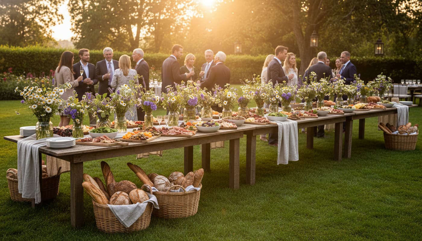 Grande table en bois décorée de fleurs sauvages et de paniers de pain dans un jardin baigné de lumière dorée au coucher du soleil.