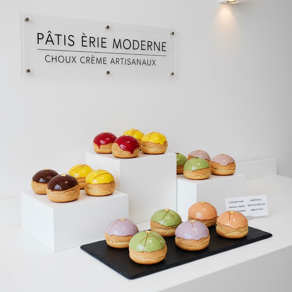 Assortiment de choux créatifs colorés disposés en motif géométrique sur fond neutre.