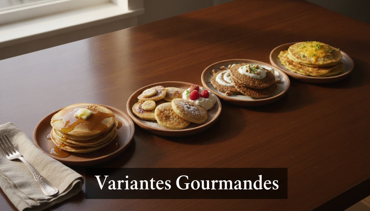 Cinq variétés de pancakes sur des assiettes alignées sur une table en bois, avec une fourchette et une serviette à côté, et un texte 'Variantes Gourmandes' superposé en bas.