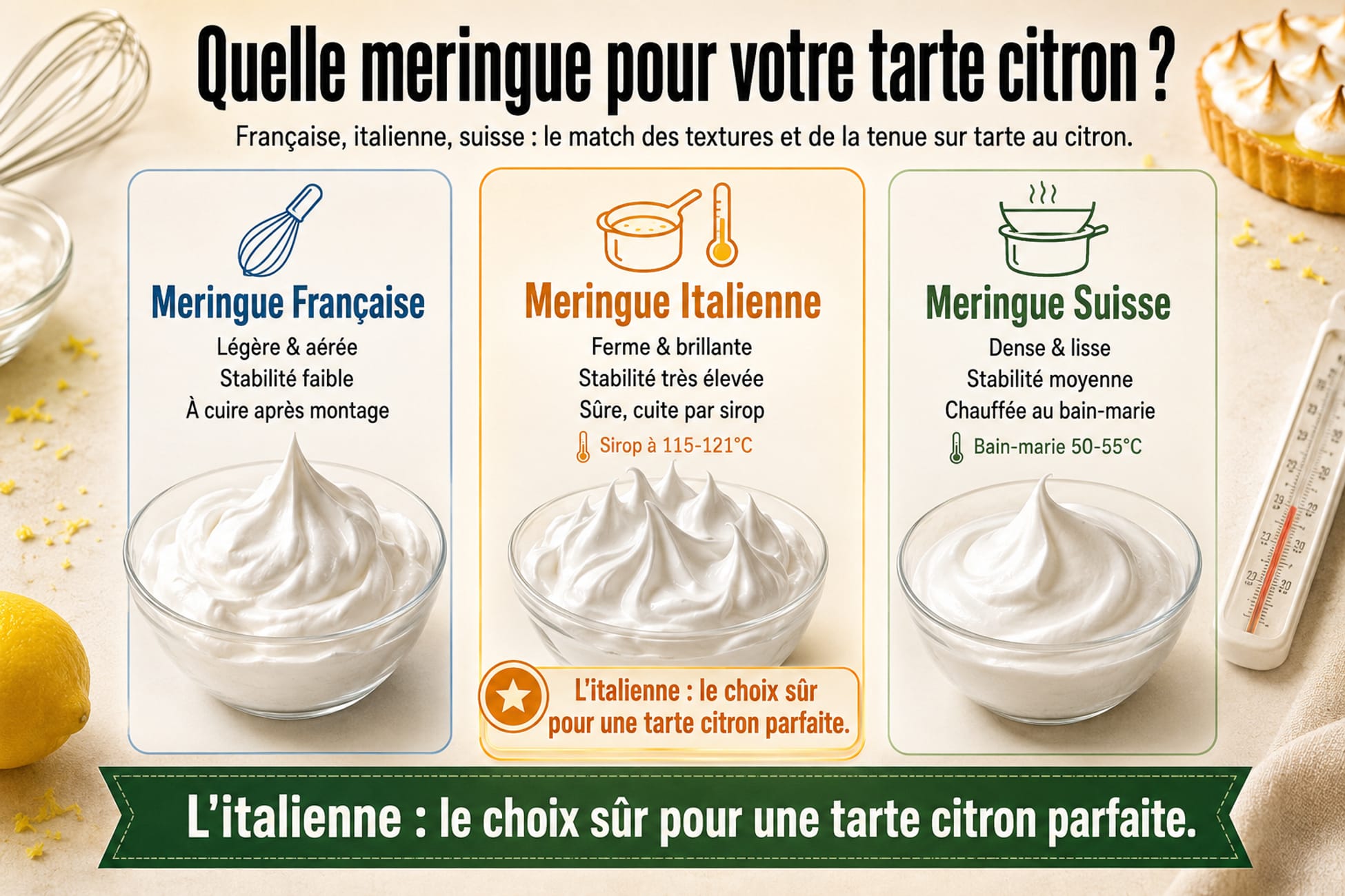 Infographie comparant meringue française italienne et suisse pour tarte au citron