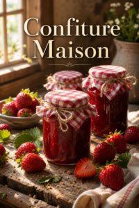Plusieurs bocaux en verre de confiture de fraises maison avec couvercles à carreaux rouges et blancs sur une table en bois, entourés de fraises fraîches, dans la lumière matinale, le texte 'Confiture Maison' superposé avec ombre portée.