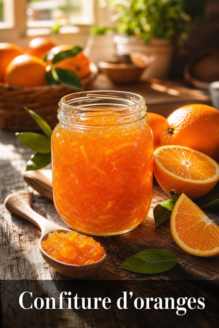 Un pot en verre de confiture d'oranges maison avec une cuillère en bois, des tranches d'orange fraîches sur une table de cuisine rustique, lumière matinale chaude traversant une fenêtre, et un texte 'Confiture d'oranges' en surimpression.