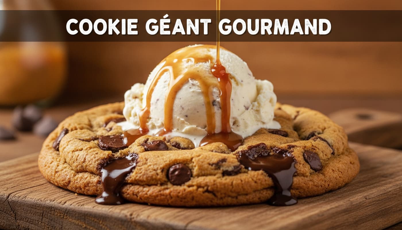 Un cookie géant doré aux pépites de chocolat sur une planche en bois rustique, surmonté d'une boule de glace à la vanille et de caramel, vu légèrement de dessus avec éclairage chaud ; un bandeau sombre en haut affiche le texte 'Cookie Géant Gourmand'.