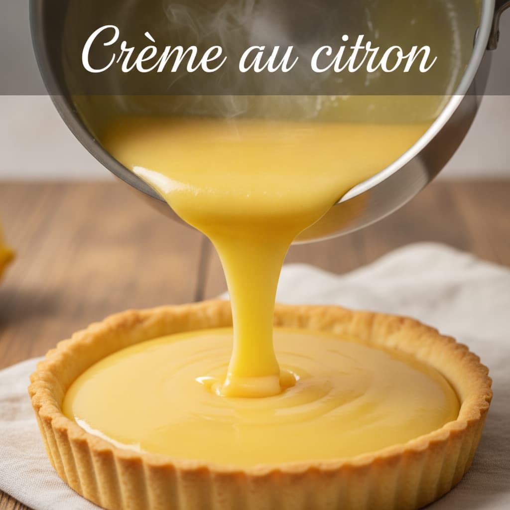 Crème au citron jaune vif versée dans un fond de tarte