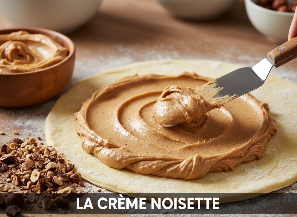 Gros plan d'une crème frangipane à la noisette étalée sur une pâte feuilletée crue, avec des éclats de noisettes torréfiées à côté ; au bas de l'image, un bandeau sombre semi-transparent porte le texte 'LA CRÈME NOISETTE'.