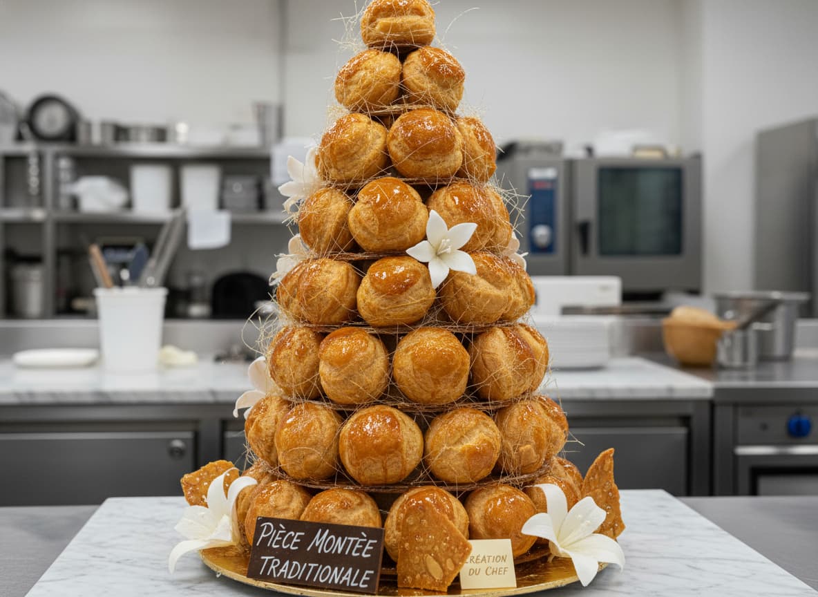 Un croquembouche traditionnel composé de choux dorés au caramel, décoré de fleurs de sucre blanches et de nougatine, photographié en studio avec un éclairage doux qui fait briller le caramel.