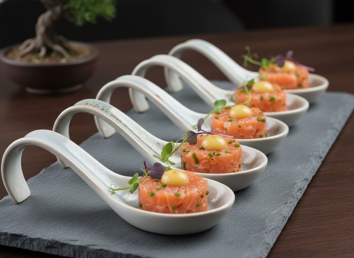 Cuillères en céramique alignées sur un plateau, chacune contenant un tartare de saumon frais avec ciboulette et une goutte de gel de yuzu jaune, garni de micro-pousses.