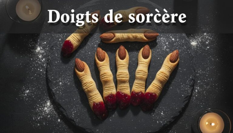 Biscuits en forme de doigts de sorcière disposés sur une ardoise sombre, avec des ongles en amande et du coulis de fraise imitant du sang, éclairés par une bougie tamisée, avec de la farine répandue et le texte 'Doigts de sorcière' superposé.