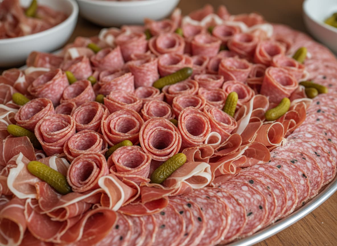 Un grand plateau de charcuterie présentant des rosettes, du jambon sec et du salami, garni de petits cornichons, en gros plan.