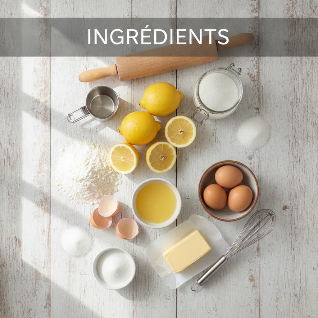 Ingrédients pour tarte citron meringuée disposés sur table en bois