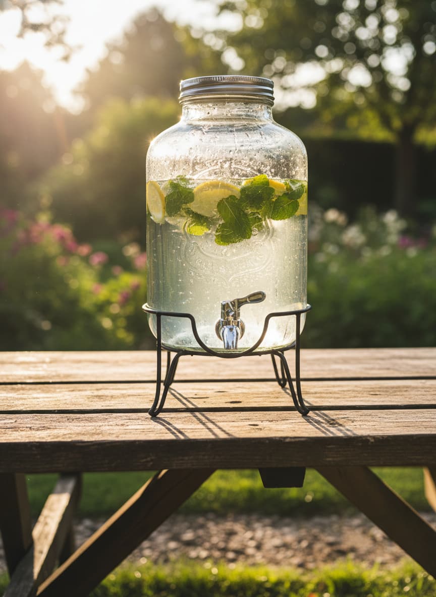 Grand distributeur en verre de 8 litres avec robinet chromé sur pied métallique, rempli d'eau infusée au citron et à la menthe, posé sur une table en bois rustique en extérieur avec lumière du jour.
