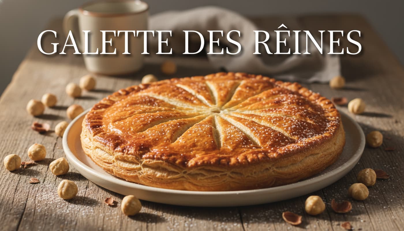 Galette des Reines dorée sur une table en bois rustique, des noisettes entières rôties éparpillées autour, avec le texte 'GALETTE DES REINES' en blanc.