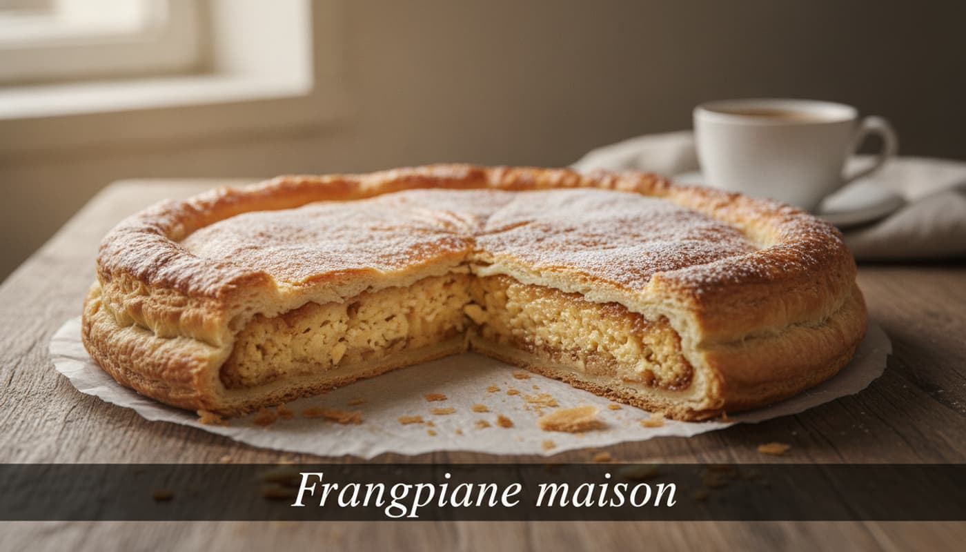 Une tranche de galette des rois à la frangipane sur une table en bois rustique, saupoudrée de sucre glace, avec une pâte feuilletée dorée et feuilletée.