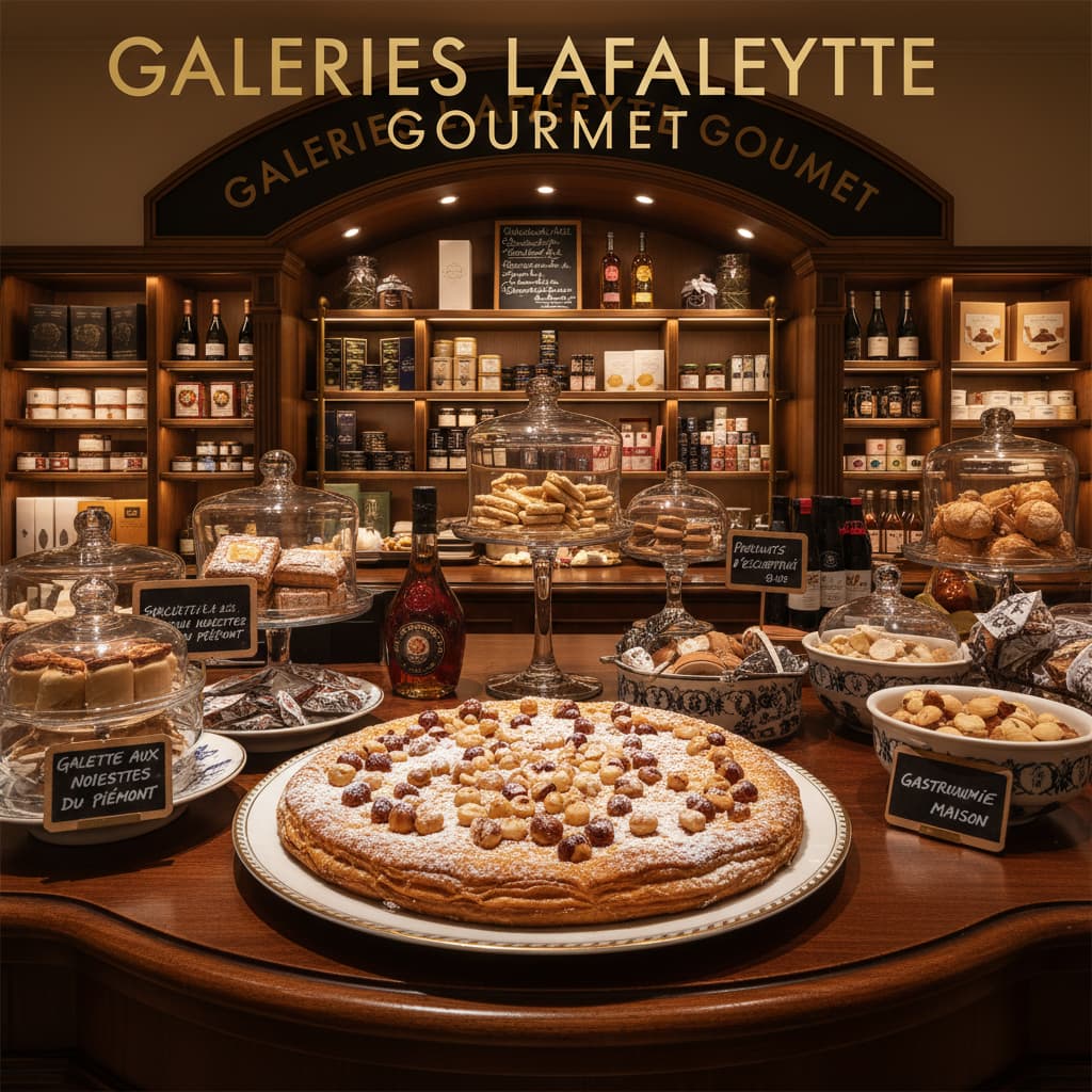 Une galette garnie de noisettes entières et saupoudrée de sucre glace, posée sur une assiette à liseré doré dans un cadre élégant de grand magasin.