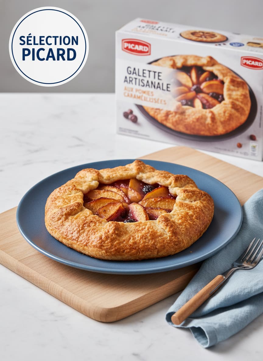 Une galette dorée posée sur une assiette bleue, avec un badge semi-transparent affichant 'SÉLECTION PICARD'.