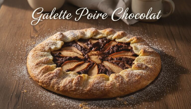 Galette des rois à la poire et au chocolat sur une table en bois rustique, saupoudrée de sucre glace, avec un éclairage chaleureux et le texte 'Galette Poire Chocolat' en surimpression.
