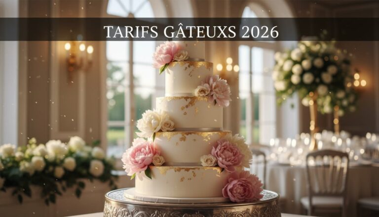 Gâteau de mariage à quatre étages décoré de pivoines fraîches et d'accents dorés sur un présentoir argenté dans une salle de réception baignée de lumière, avec un texte superposé annonçant les tarifs 2026.