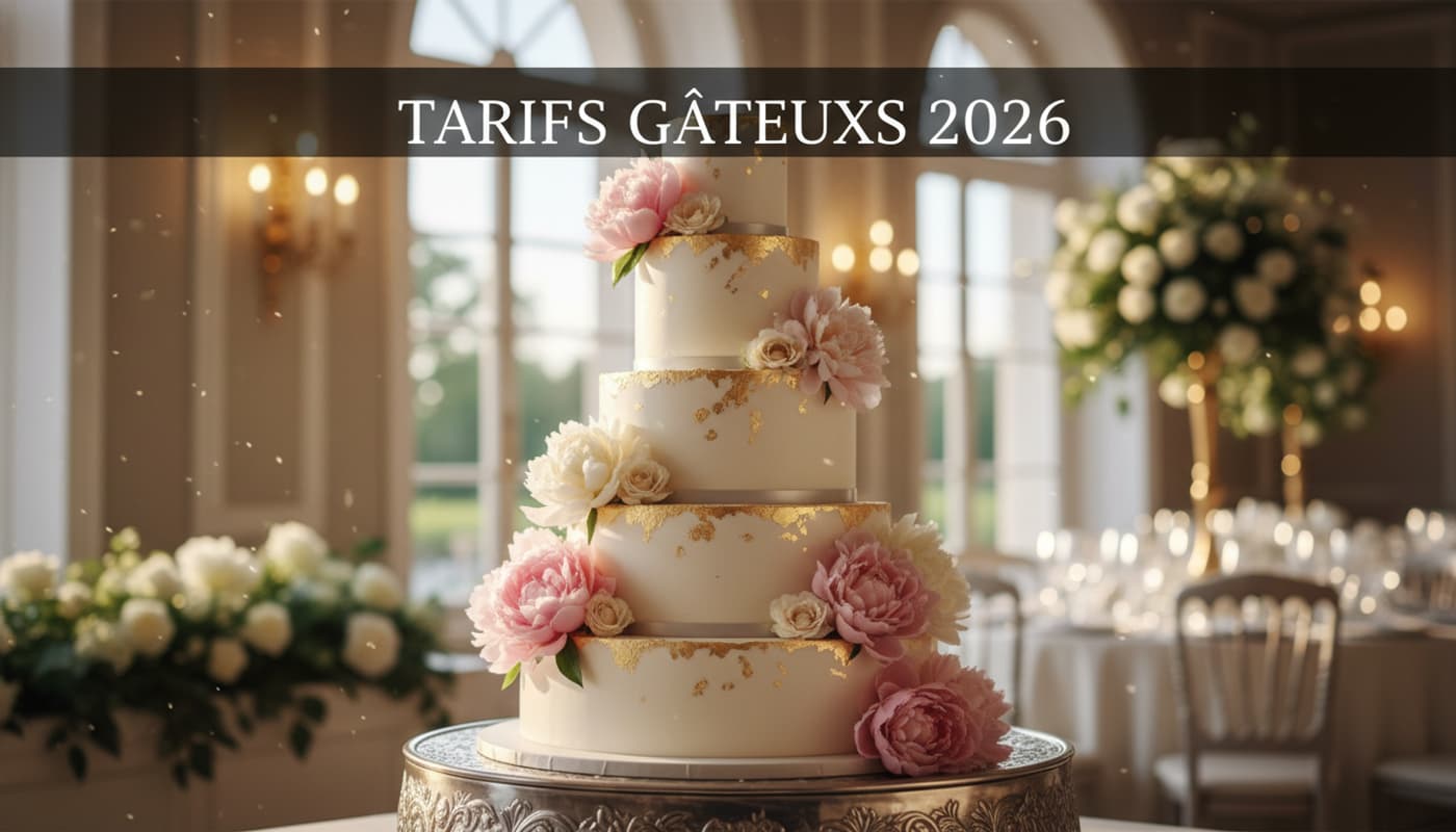 Gâteau de mariage à quatre étages décoré de pivoines fraîches et d'accents dorés sur un présentoir argenté dans une salle de réception baignée de lumière, avec un texte superposé annonçant les tarifs 2026.
